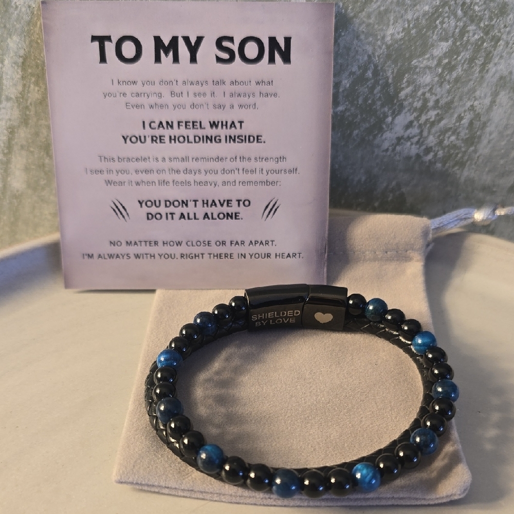 Shielded By Love Black & Blue Tiger Eye Beaded Bracelet, For Son New